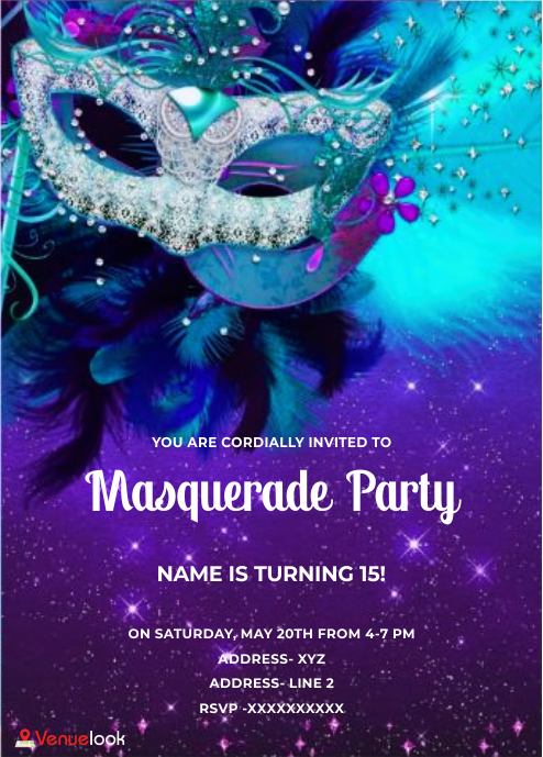 Masquerade Ball Party Teal Blue Purple Masks E-Invite E-Invitation